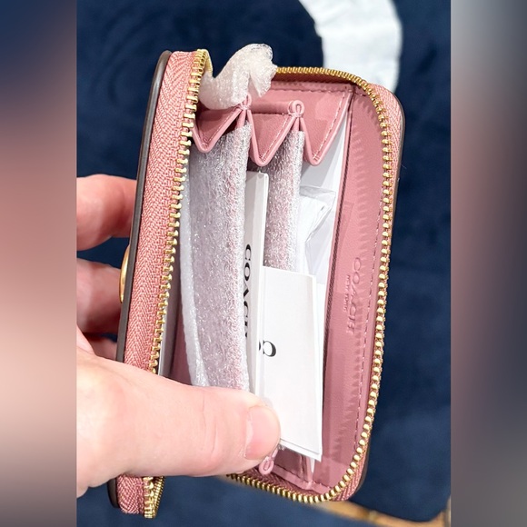 COACH Essential Spazzolato Leather Zip-around Card Case w/ Charms, peony, cherry - Picture 12 of 15